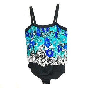 Maxine of Hollywod 1 Pc Blue Floral  Blouson Style Swimsuit Sz M/L EUC